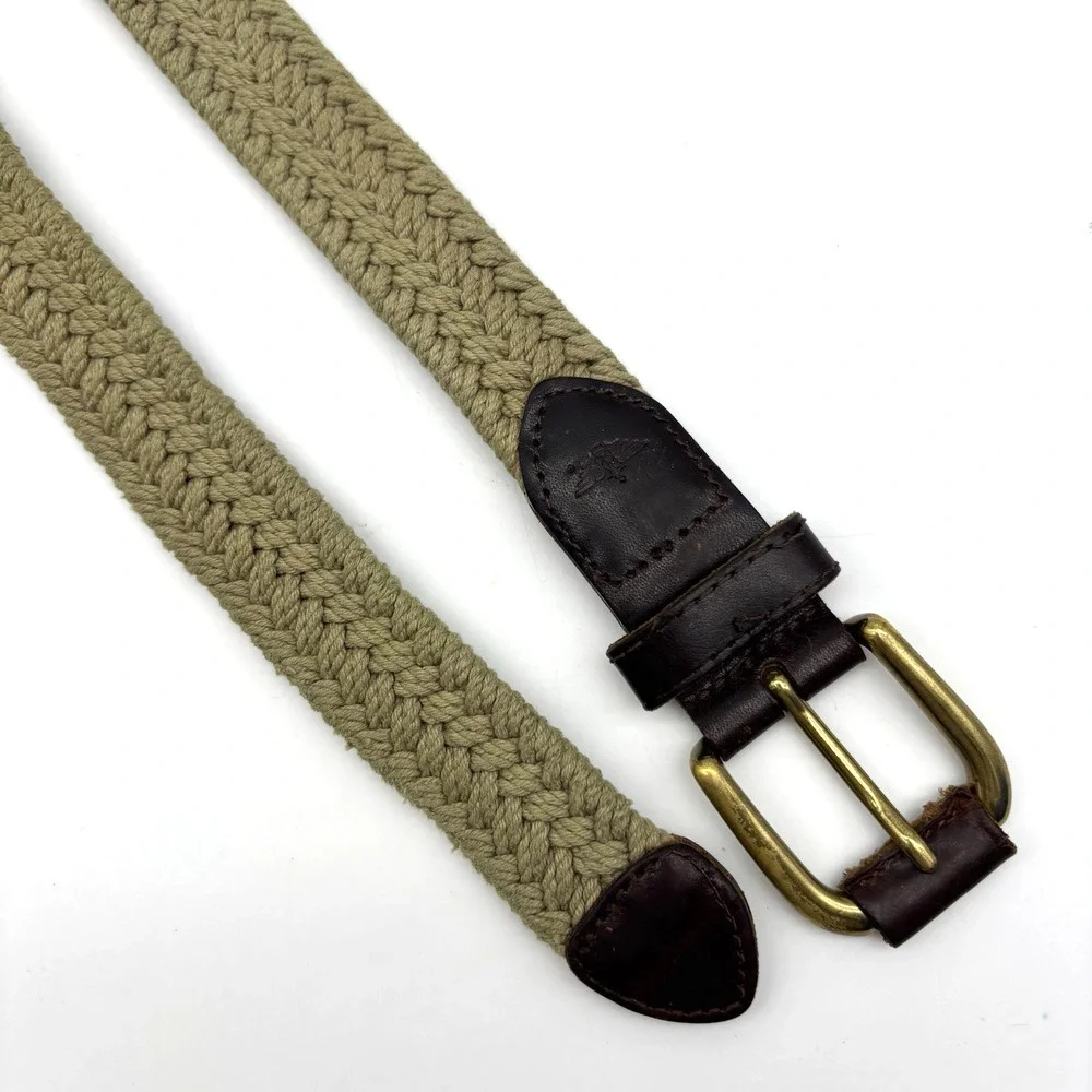 Vintage 90s Dockers 2593 Beige Woven Cotton Brown Leather Brass Buckle Belt 32